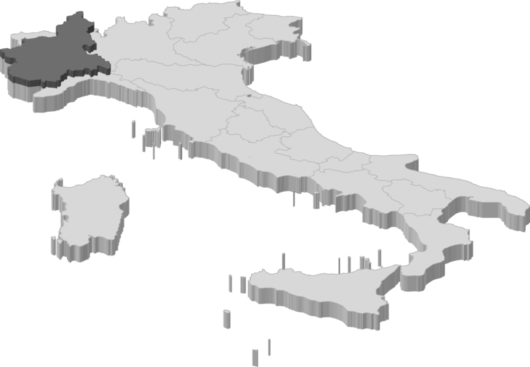 3D map showing the location of the Piemonte region of Italy.