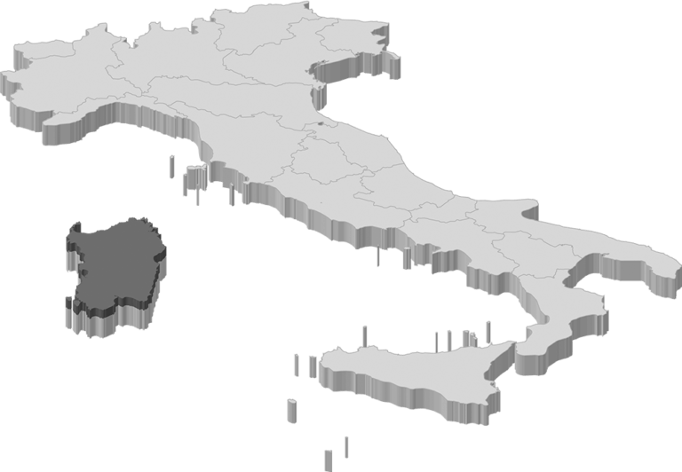 3D map showing the location of the Sardegna region of Italy.